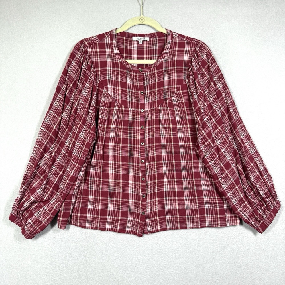 Madewell Top Womens XL Balloon Sleeve Peasant Plaid Country Cottage Western Red